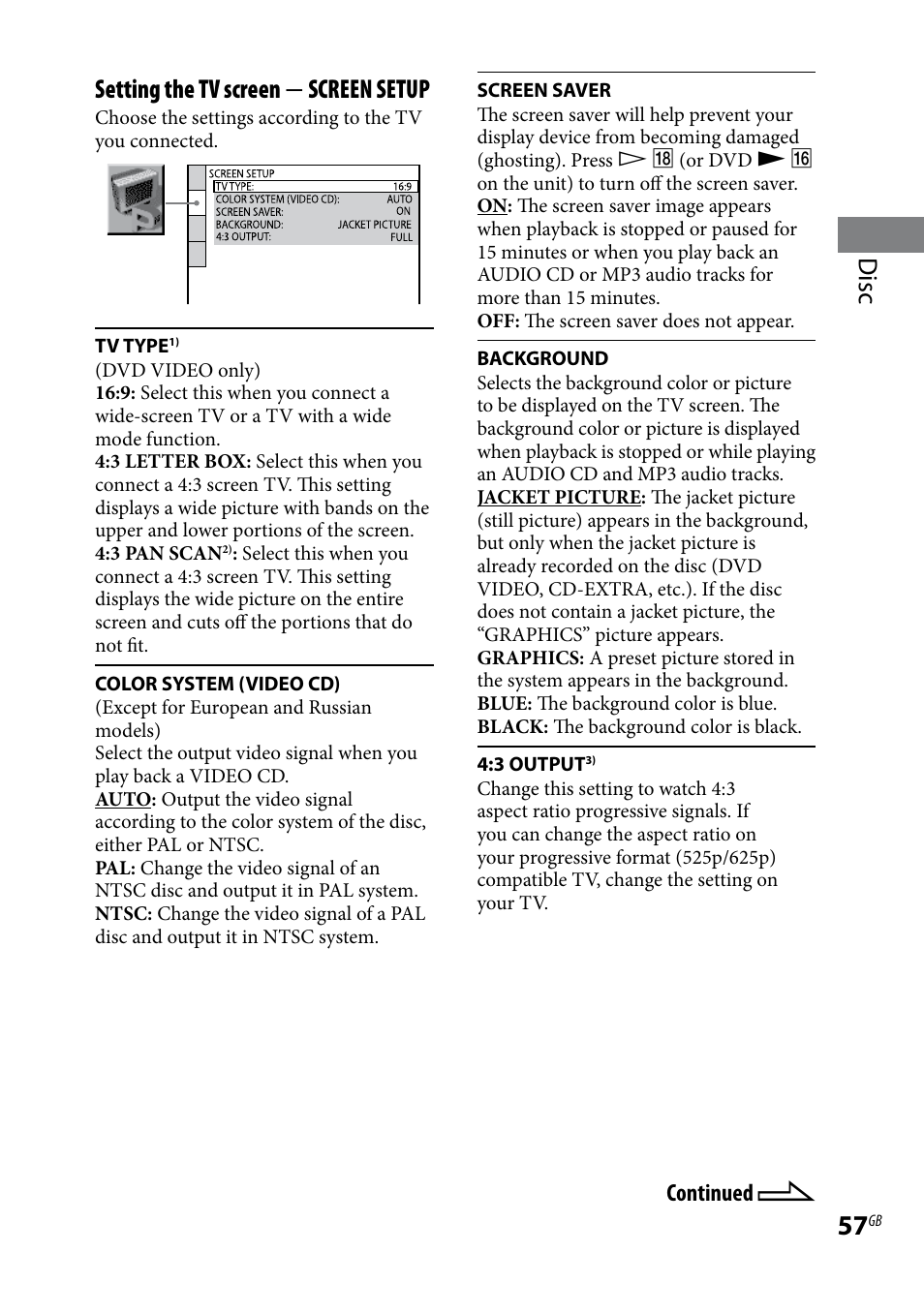 Disc setting the tv screen  screen setup | Sony CMT-DH30 User Manual | Page 57 / 112