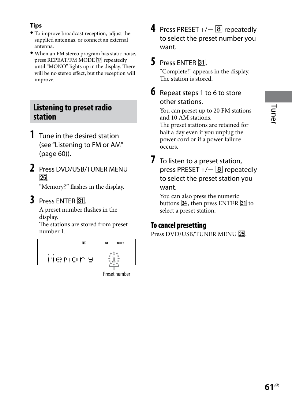 Listening to preset radio station, Tuner | Sony CMT-DH30 User Manual | Page 61 / 112