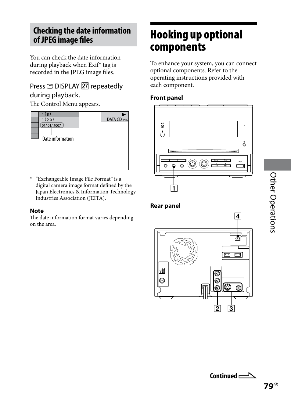Hooking up optional components, Hooking up optional, Components | Checking the date information of jpeg image files | Sony CMT-DH30 User Manual | Page 79 / 112