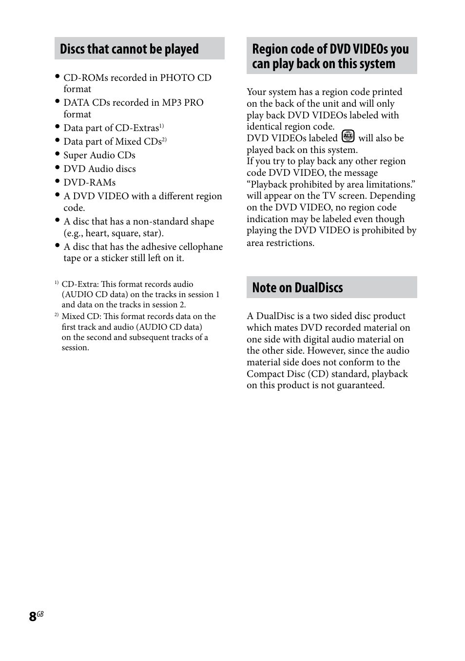 Discs that cannot be played | Sony CMT-DH30 User Manual | Page 8 / 112