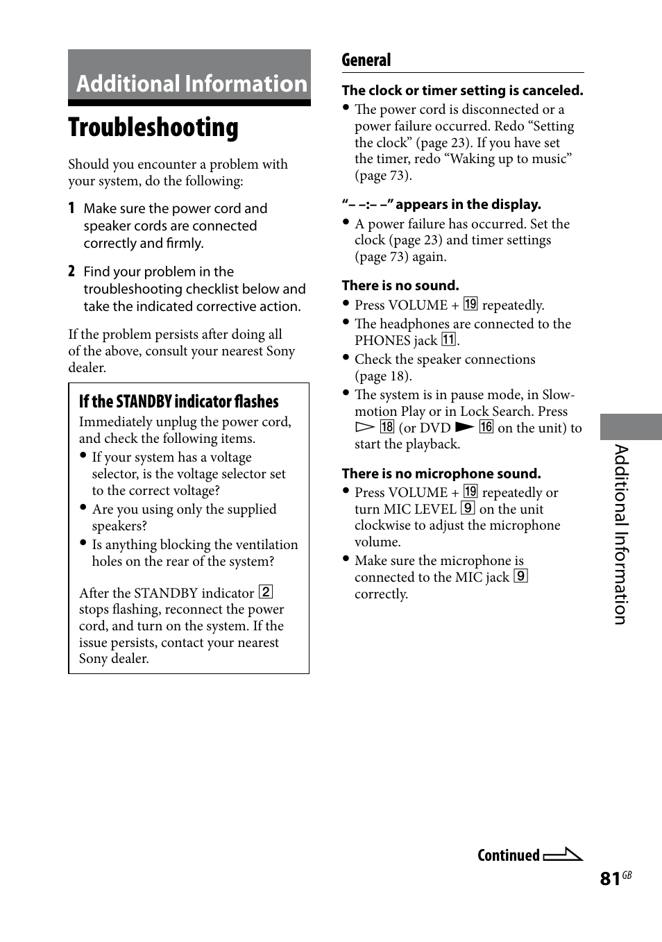 Additional information, Troubleshooting, Additional i nf or ma tion | If the standby indicator flashes, General | Sony CMT-DH30 User Manual | Page 81 / 112