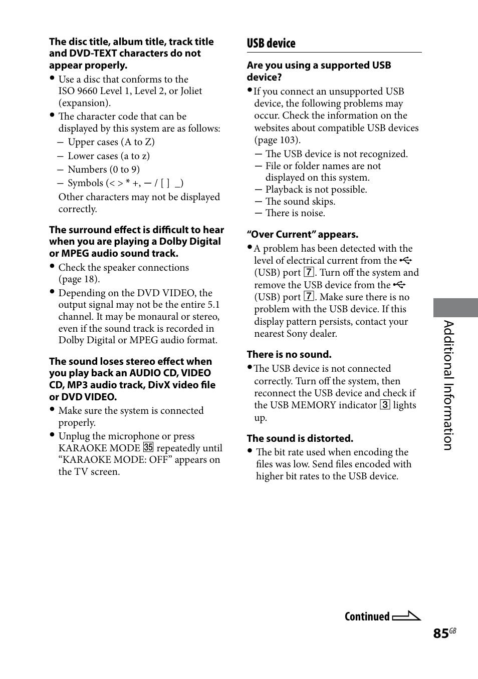 Additional i nf or ma tion, Usb device | Sony CMT-DH30 User Manual | Page 85 / 112