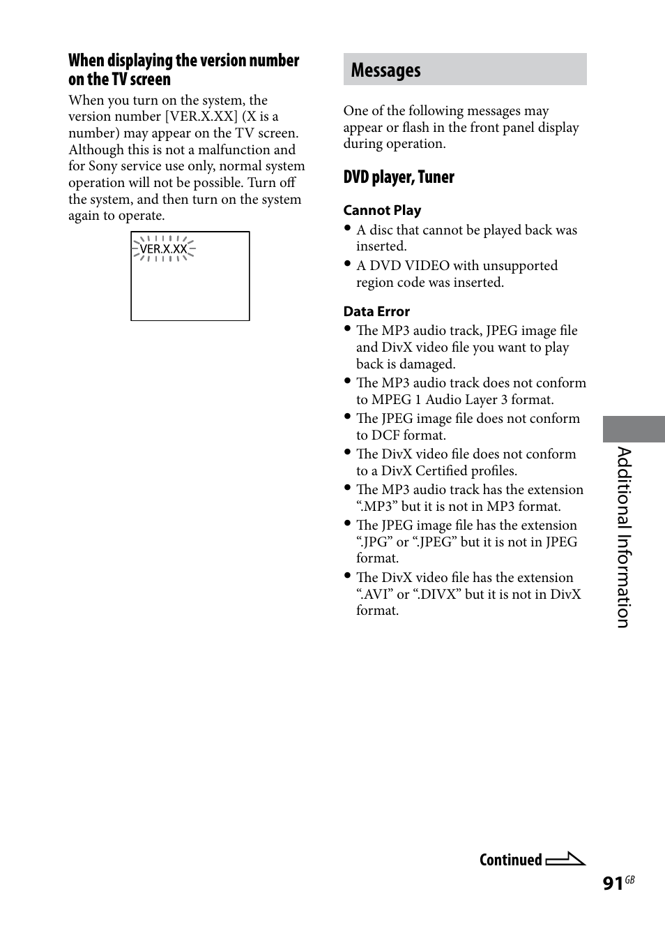 Messages, Dvd player, tuner | Sony CMT-DH30 User Manual | Page 91 / 112