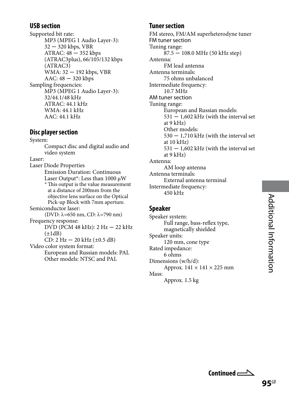 Additional i nf or ma tion, Speaker, Continued | Sony CMT-DH30 User Manual | Page 95 / 112