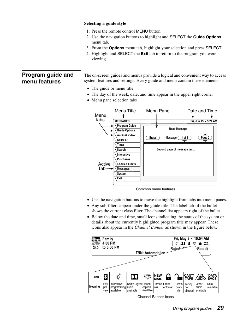 Program guide and menu features | Sony SAT-A65 User Manual | Page 38 / 58