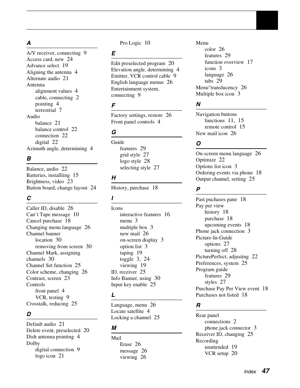 Index | Sony SAT-A65 User Manual | Page 56 / 58