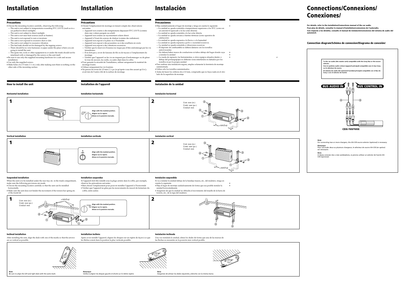 Vertical connections/connexions/ conexiones, Installation, Installation instalación | Sony CDX-T69X User Manual | Page 2 / 2