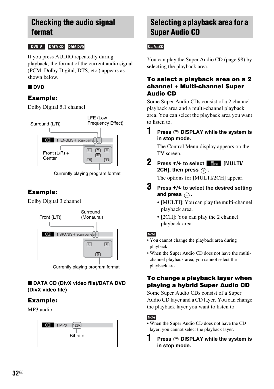 Checking the audio signal format, Selecting a playback area for a super audio cd | Sony DAV-DZ360WA User Manual | Page 32 / 112