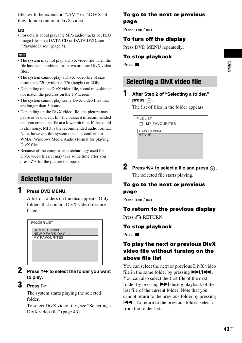 Selecting a folder, Selecting a divx video file | Sony DAV-DZ360WA User Manual | Page 43 / 112