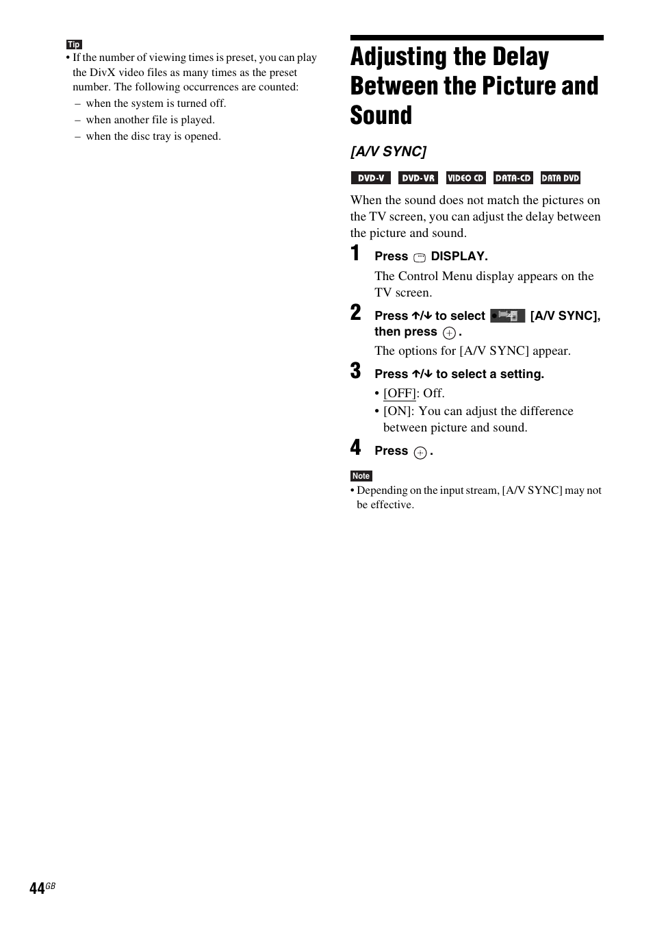 Adjusting the delay between the picture and sound, Adjusting the delay between the picture, And sound | Sony DAV-DZ360WA User Manual | Page 44 / 112