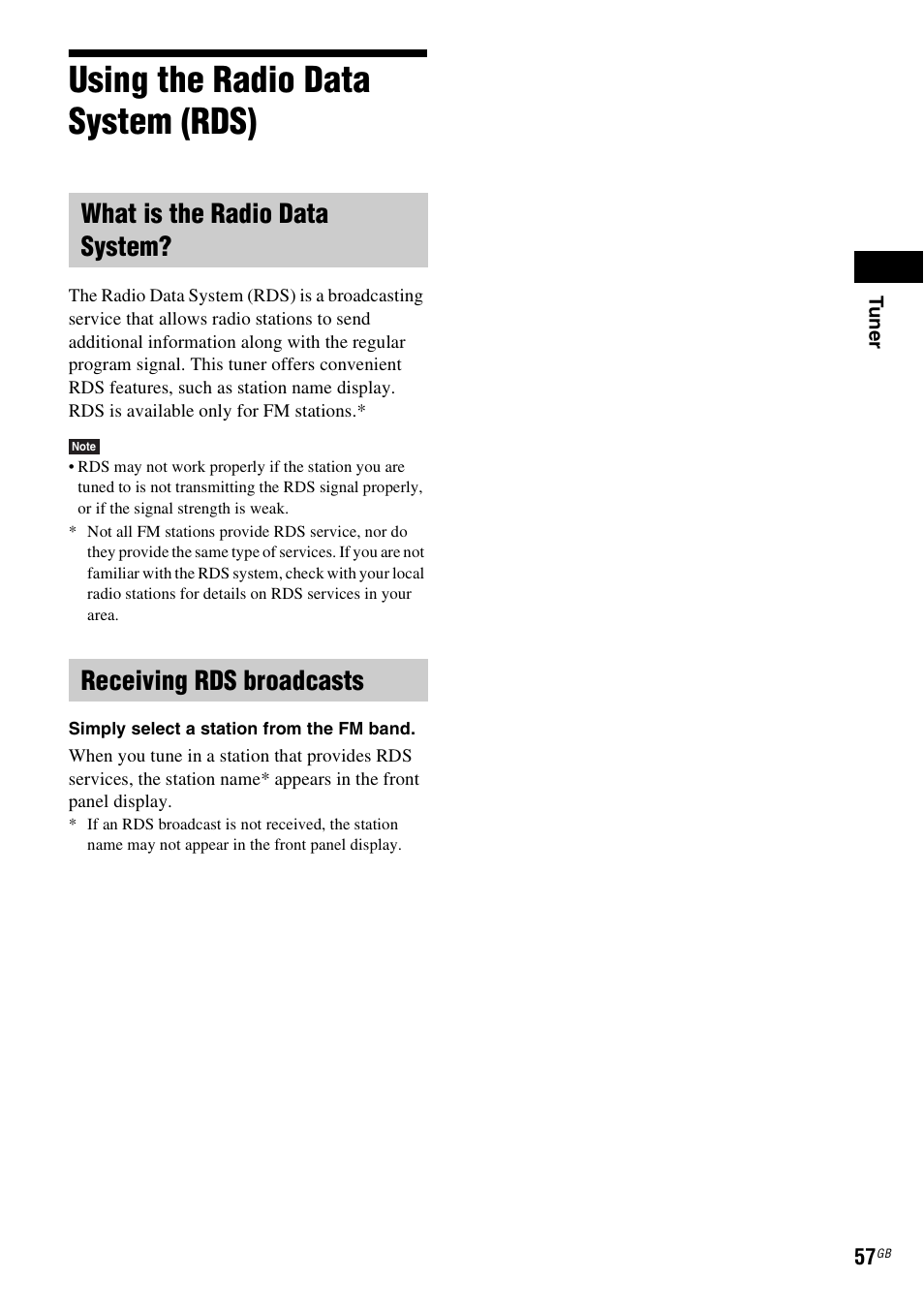 Using the radio data system (rds), What is the radio data system, Receiving rds broadcasts | Sony DAV-DZ360WA User Manual | Page 57 / 112