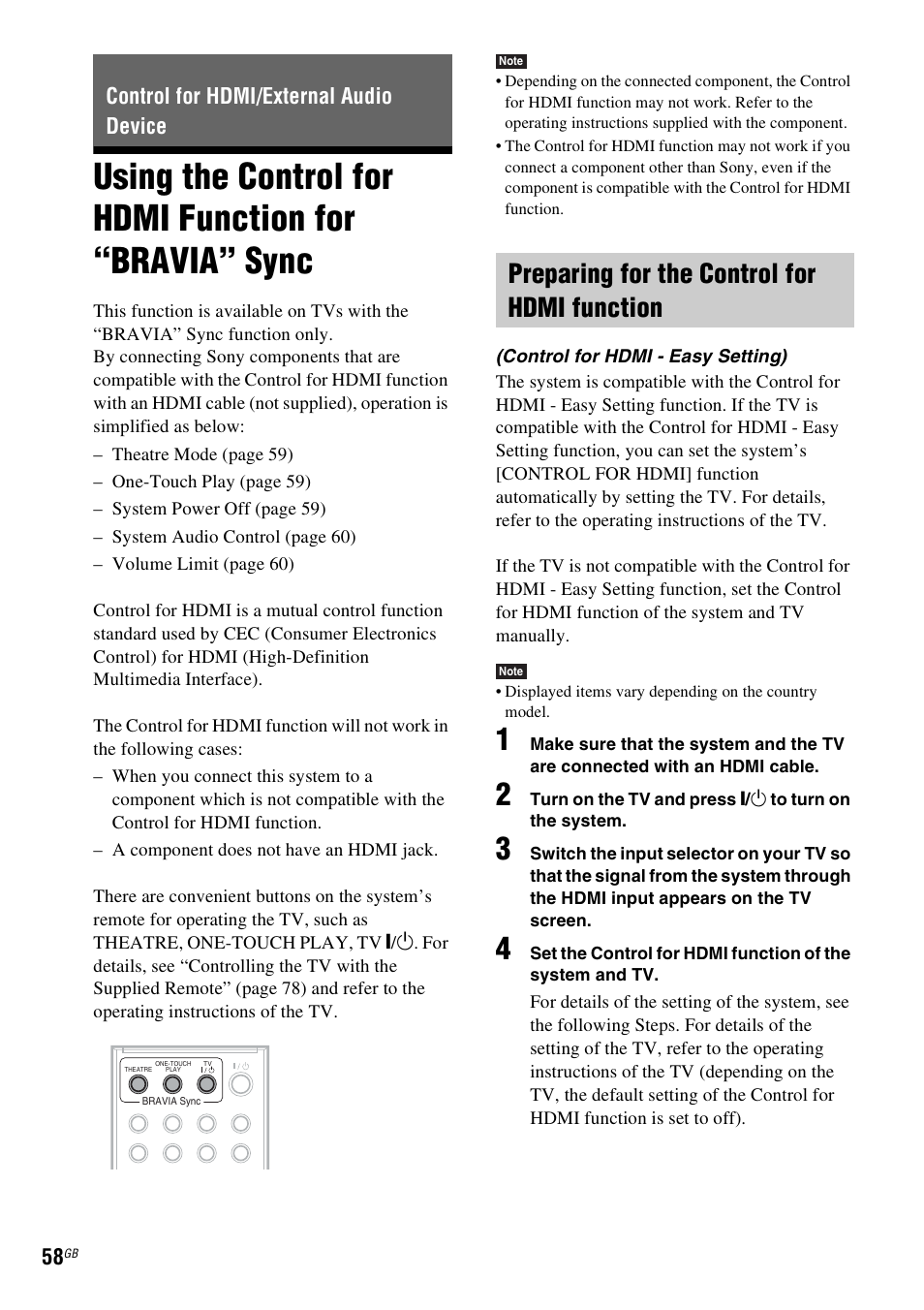 Control for hdmi/external audio device, Preparing for the control for hdmi function, Using the control for hdmi function for | Bravia” sync, Using the control | Sony DAV-DZ360WA User Manual | Page 58 / 112