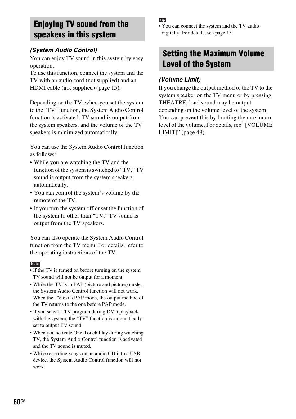 Enjoying tv sound from the speakers in this system, Setting the maximum volume level of the system | Sony DAV-DZ360WA User Manual | Page 60 / 112