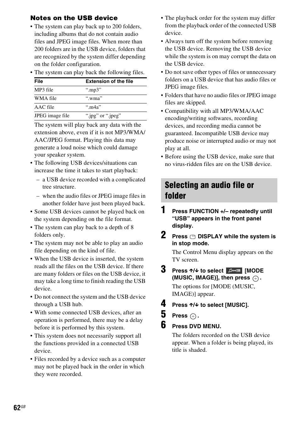 Selecting an audio file or folder | Sony DAV-DZ360WA User Manual | Page 62 / 112