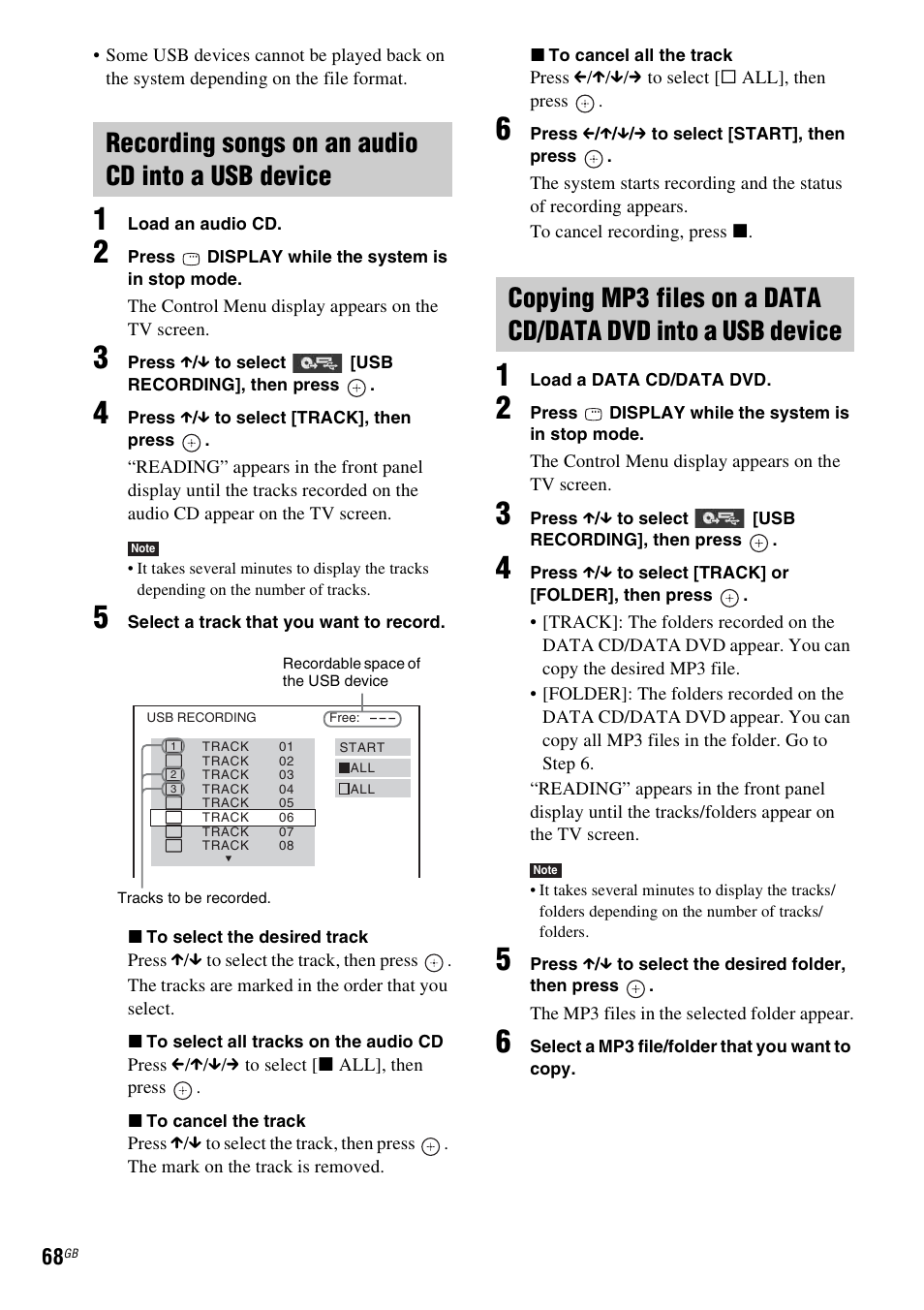 Recording songs on an audio cd into a usb device | Sony DAV-DZ360WA User Manual | Page 68 / 112