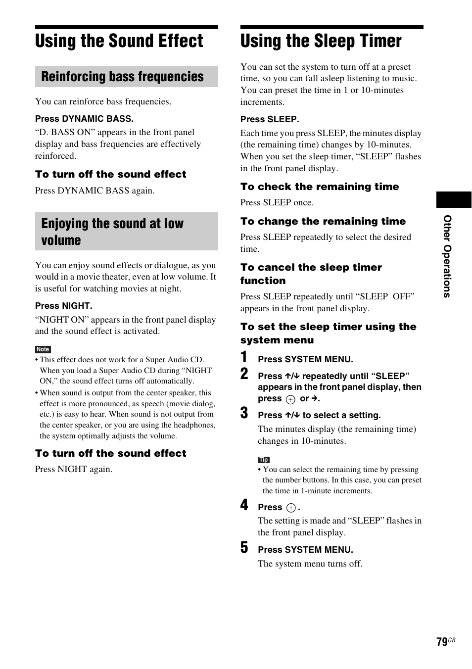 Using the sound effect, Reinforcing bass frequencies, Enjoying the sound at low volume | Using the sleep timer, Using the sound effect using the sleep timer | Sony DAV-DZ360WA User Manual | Page 79 / 112
