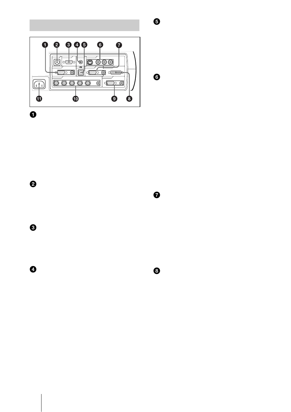 Panel de conectores, Aconectores input a, Bether (rj-45) | Cconector rs-232c (d-sub de 9 terminales, hembra), Dtoma control s in/plug in power (salida cc 5v), Fconectores de entrada de vídeo, Gconectores input b, Hconector input c (rva (dvi)) (dvi-d), Ubicación y función de los controles | Sony PX35 User Manual | Page 120 / 165