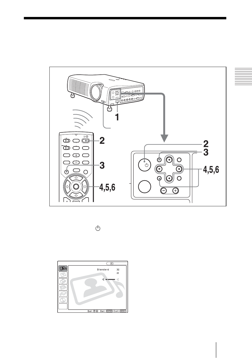 Selección del idioma del menú, Pulse la tecla i, Para encender el proyector | Pulse la tecla menu, Ins tal aci ón y proye cció n | Sony PX35 User Manual | Page 129 / 165