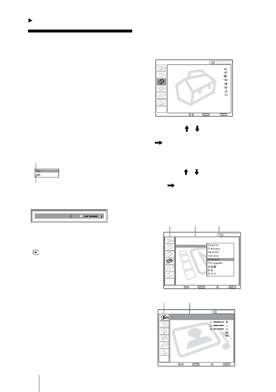 Realización de ajustes mediante el menú, Uso del menu, Pulse la tecla menu | Seleccione un elemento, Aparecerá el menú seleccionado | Sony PX35 User Manual | Page 138 / 165