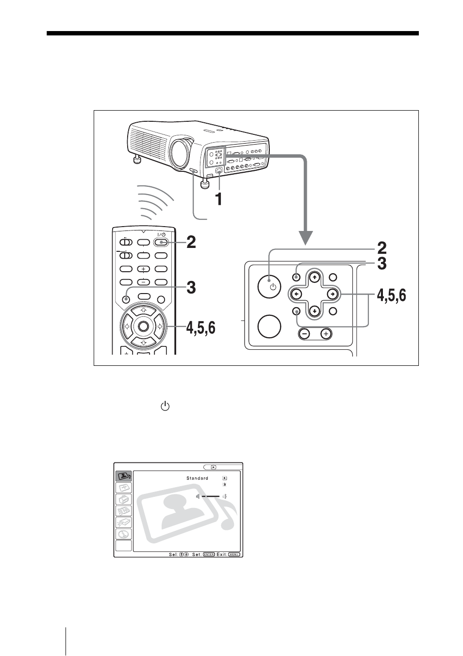 Selecting the menu language, Plug the ac power cord into a wall outlet, Press the i | Key to turn on the projector, Press the menu key, Front remote control detector | Sony PX35 User Manual | Page 22 / 165