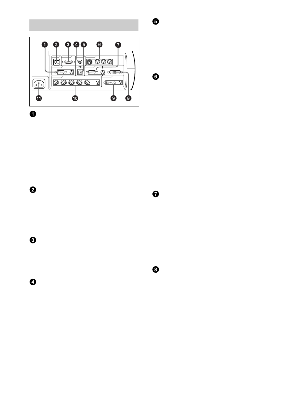 Panneau de connecteurs, Aconnecteurs input a, Bether (rj-45) | Cconnecteur rs-232c (d-sub 9 broches, femelle), Dprise control s in/plug in power (sortie 5 v cc), Econnecteur usb (fiche usb pour amont, 4 broches), Fconnecteurs d’entrée vidéo, Gconnecteurs input b, Hconnecteur input c (rvb (dvi)) (dvi-d), Emplacement et fonction des commandes | Sony PX35 User Manual | Page 65 / 165