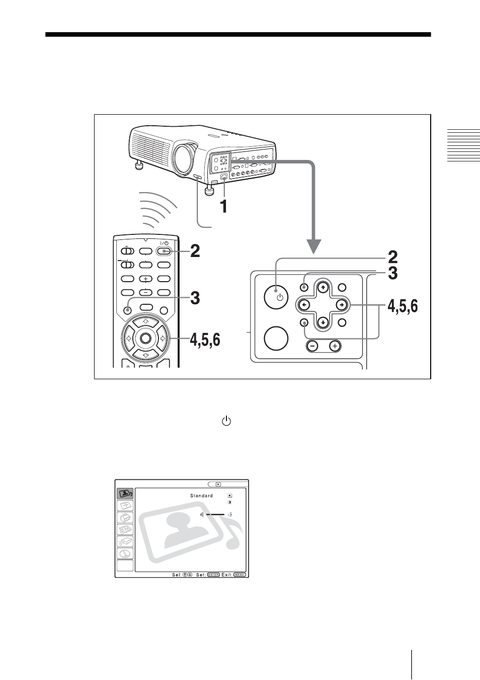 Sélection de la langue de menu, Appuyez sur la touche i, Pour mettre le projecteur sous tension | Appuyez sur la touche menu, Ins tal la ti on et proje c ti on | Sony PX35 User Manual | Page 74 / 165