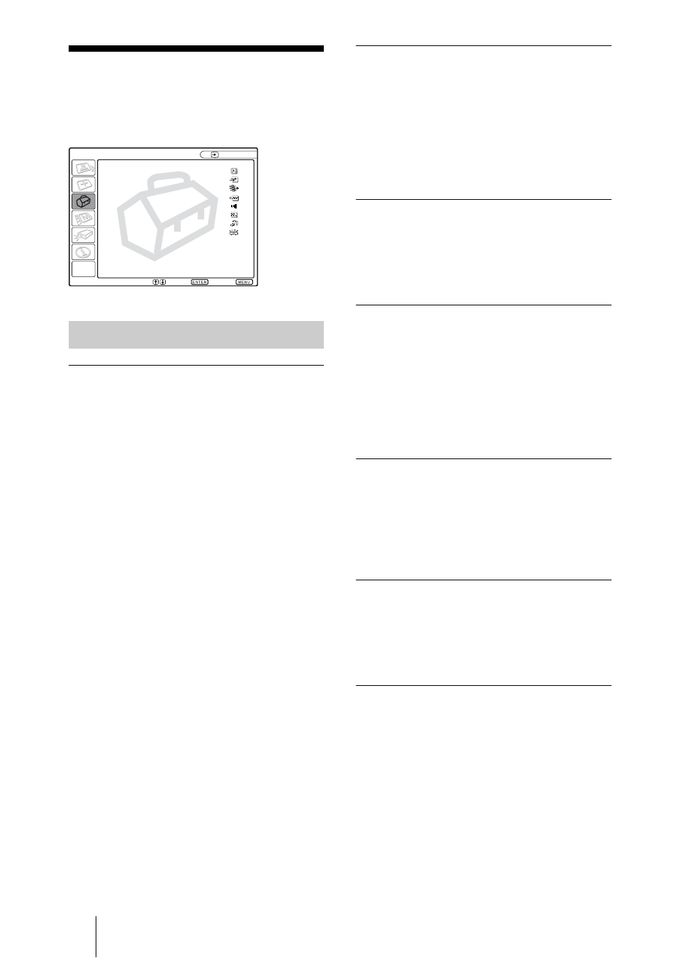 Menu réglage, Options de menu, Apa intelligent | Rech. ent. auto, Sél sign entr d, Standard coul, Haut-parleur, Mode économique, Récepteur ir | Sony PX35 User Manual | Page 89 / 165