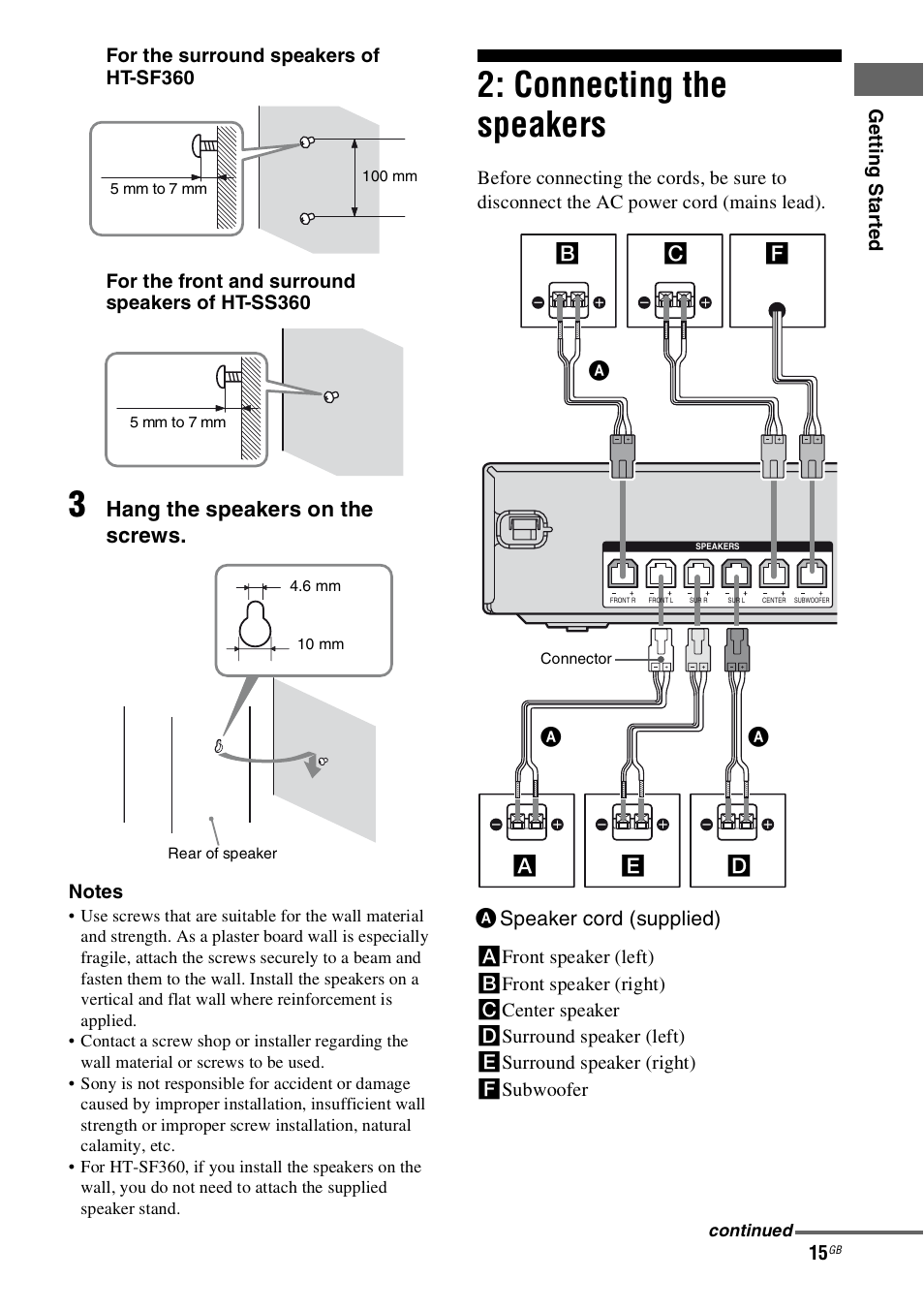 Connecting the speakers, Hang the speakers on the screws | Sony 4-130-031-11(3) User Manual | Page 15 / 72