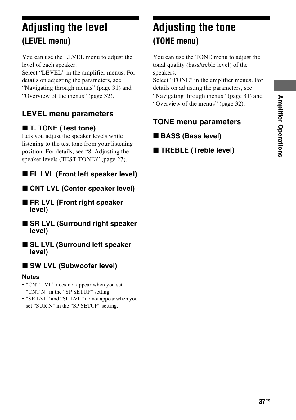 Adjusting the level (level menu), Adjusting the tone (tone menu), Adjusting the level | Adjusting the tone, Level menu), Tone menu) | Sony 4-130-031-11(3) User Manual | Page 37 / 72