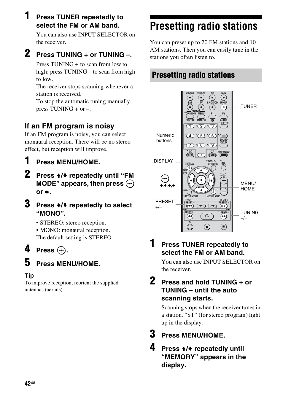 Presetting radio stations, If an fm program is noisy, Press tuner repeatedly to select the fm or am band | Press tuning + or tuning, Press menu/home, Press v / v repeatedly to select “mono, Press | Sony 4-130-031-11(3) User Manual | Page 42 / 72