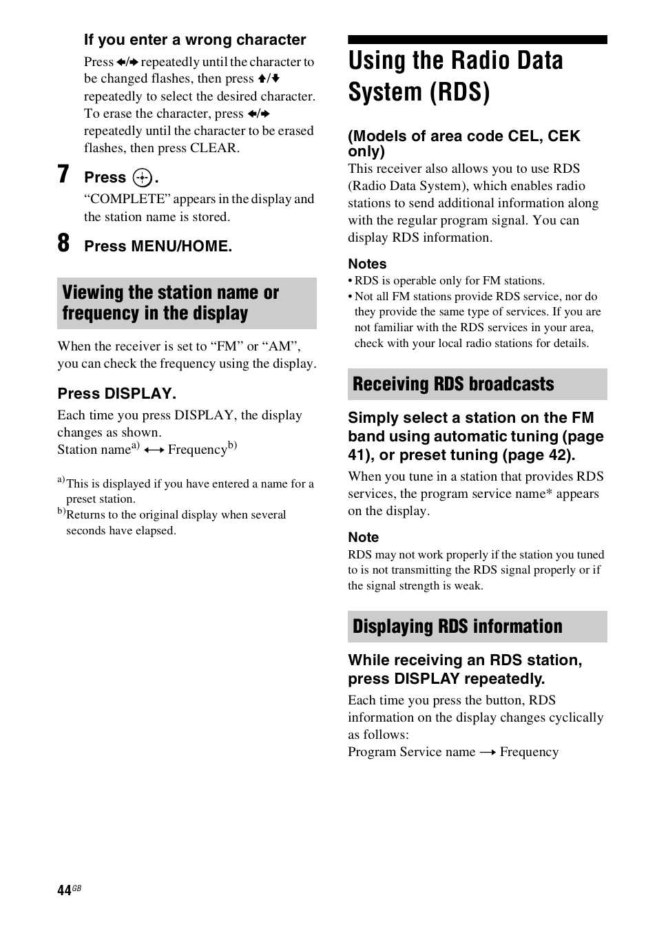 Using the radio data system (rds), Models of area code cel, cek only) | Sony 4-130-031-11(3) User Manual | Page 44 / 72
