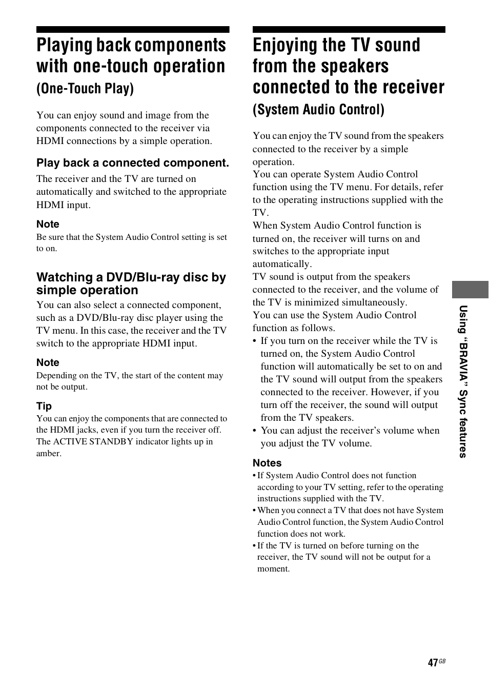 Playing back components with one-touch, Operation (one-touch play), Enjoying the tv sound from the speakers | Connected to the receiver, System audio control), Playing back components with one-touch operation, One-touch play) | Sony 4-130-031-11(3) User Manual | Page 47 / 72