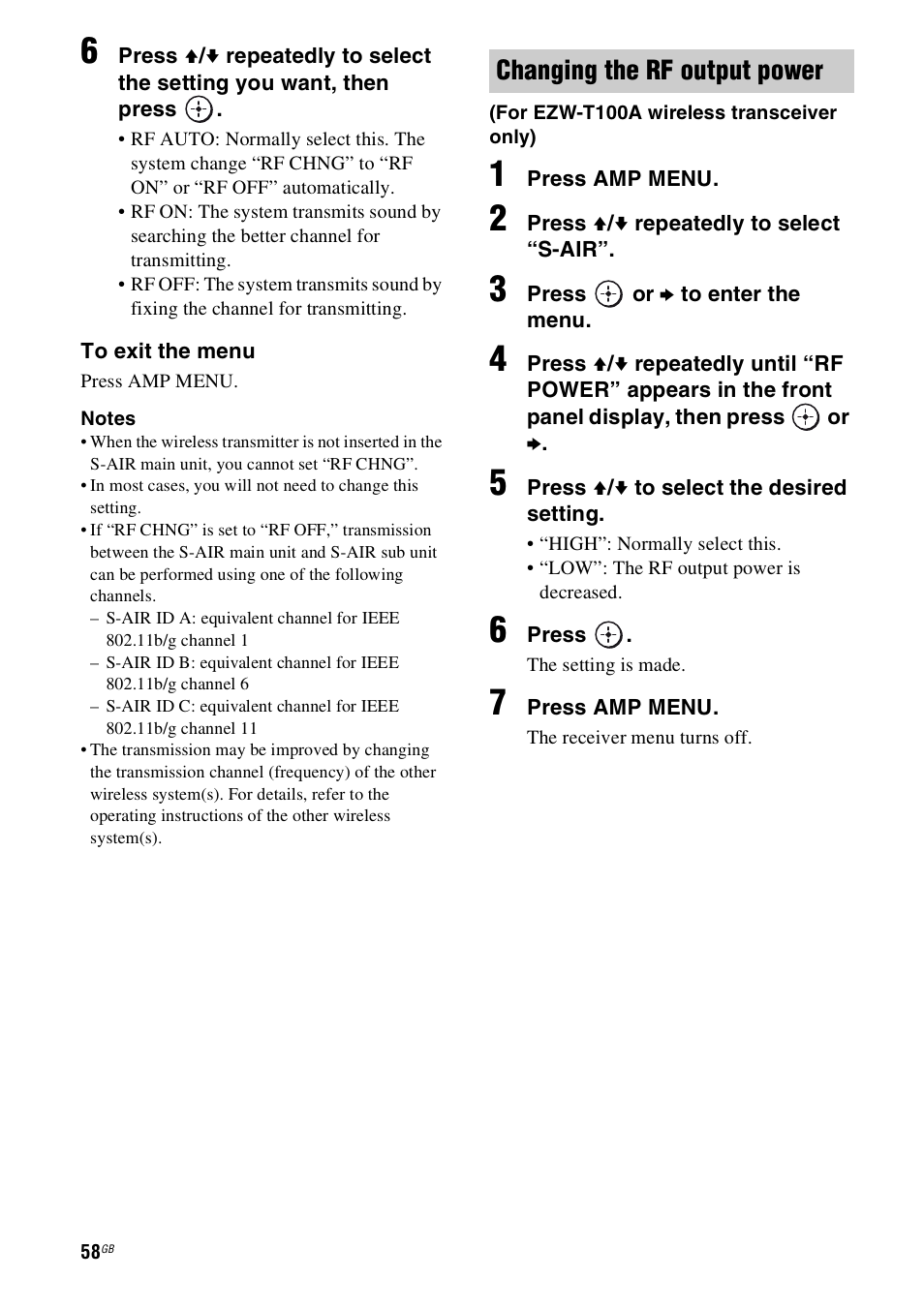 Changing the rf output power | Sony 4-130-031-11(3) User Manual | Page 58 / 72