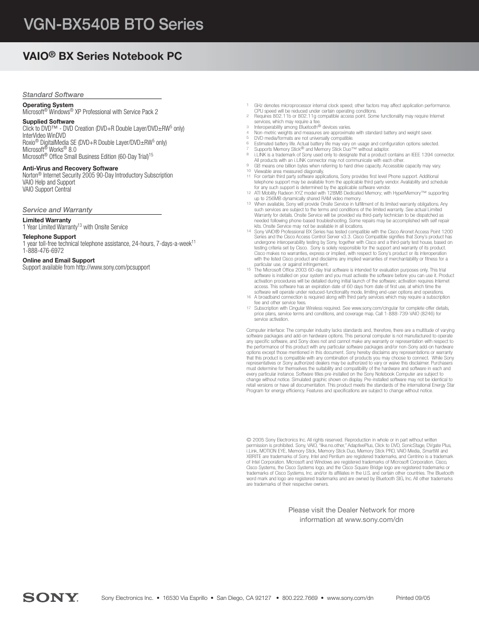 Vgn-bx540b bto series, Vaio, Standard software | Service and warranty | Sony BX540-BTO User Manual | Page 3 / 3