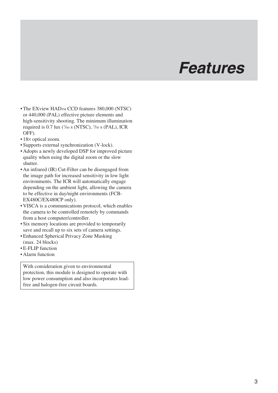 Features | Sony EX480CP User Manual | Page 3 / 65
