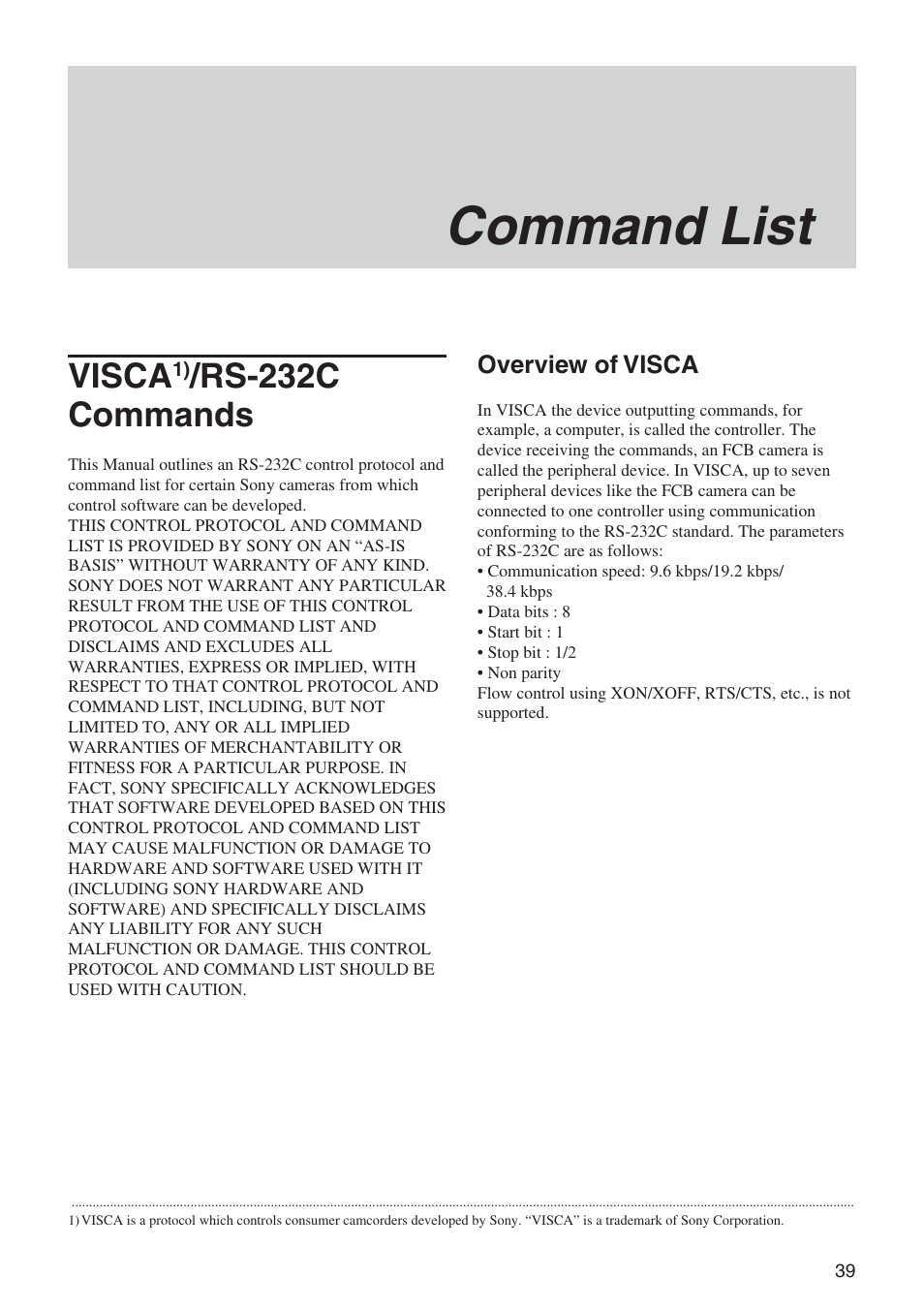 Command list, Visca/rs-232c commands, Visca | Rs-232c commands | Sony EX480CP User Manual | Page 39 / 65