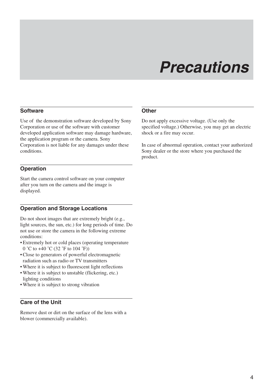 Precautions | Sony EX480CP User Manual | Page 4 / 65