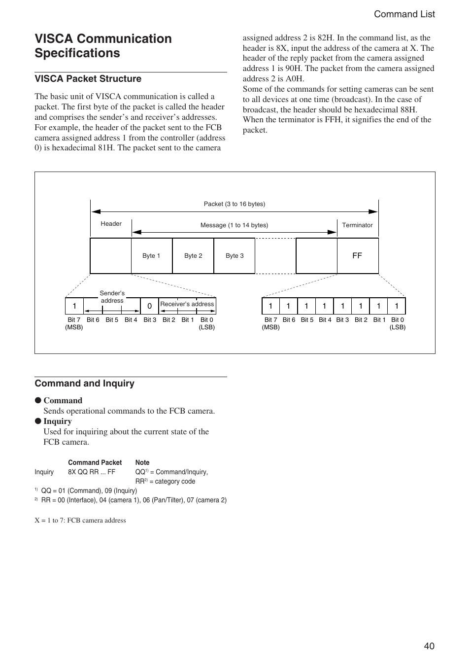 Visca communication specifications, 40 command list, Visca packet structure | Command and inquiry | Sony EX480CP User Manual | Page 40 / 65