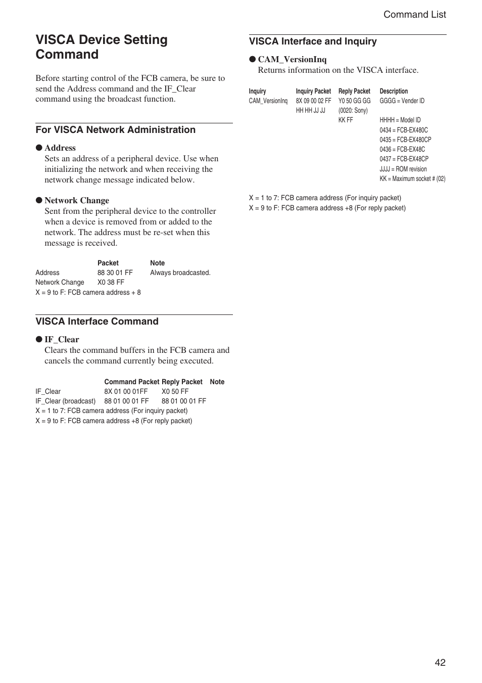 Visca device setting command, 42 command list, For visca network administration | Visca interface command, Visca interface and inquiry | Sony EX480CP User Manual | Page 42 / 65