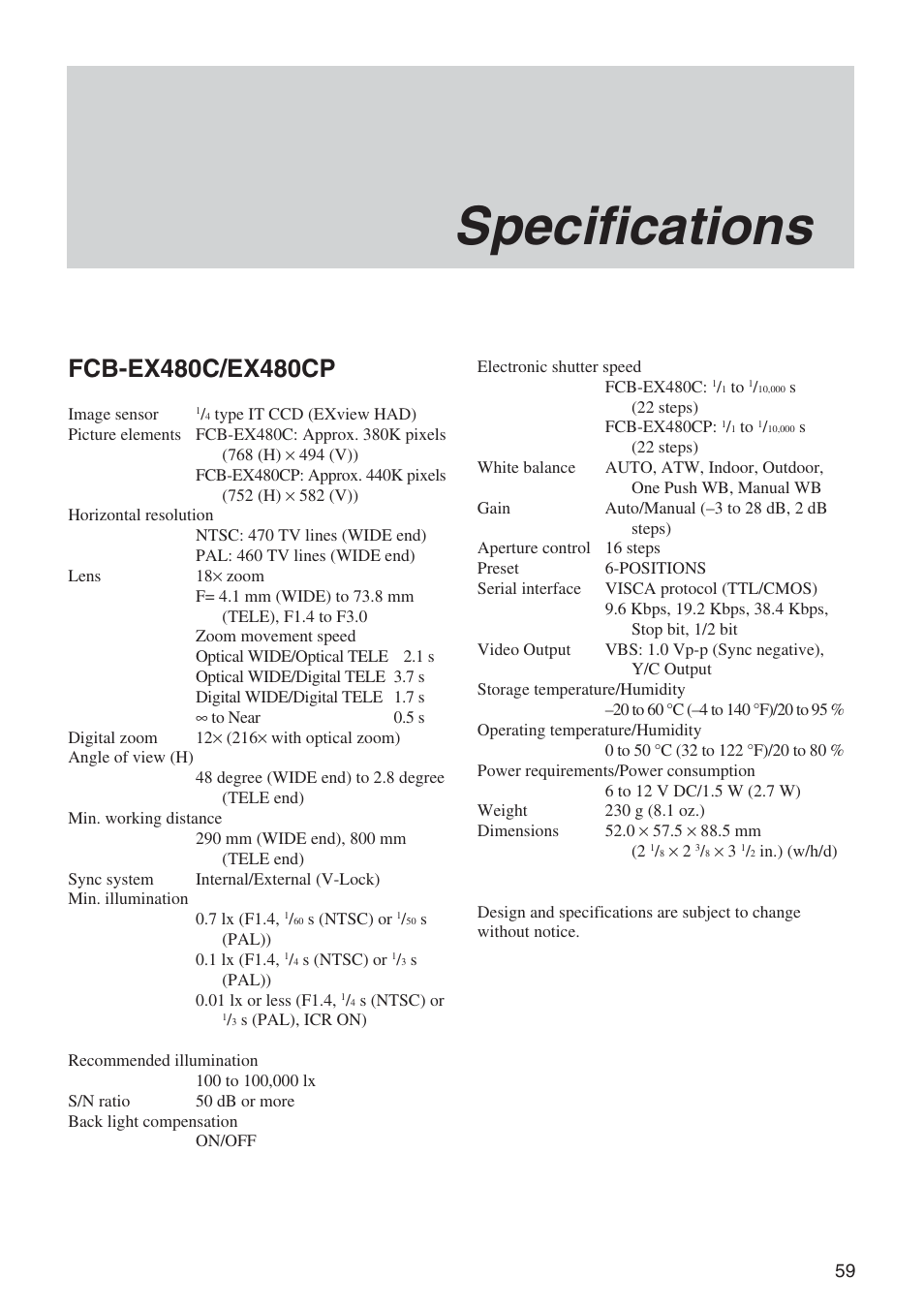 Specifications | Sony EX480CP User Manual | Page 59 / 65