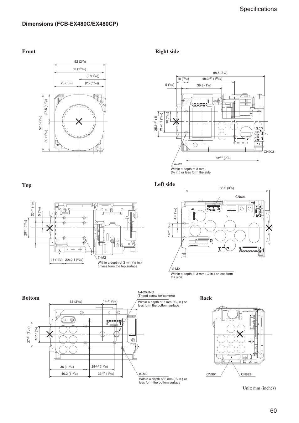 60 specifications, Unit: mm (inches) | Sony EX480CP User Manual | Page 60 / 65