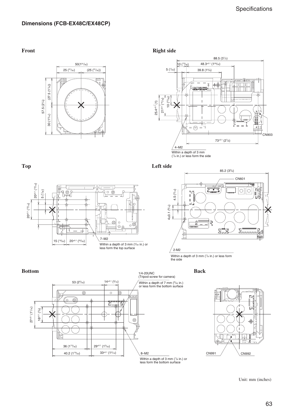 63 specifications, Unit: mm (inches) | Sony EX480CP User Manual | Page 63 / 65