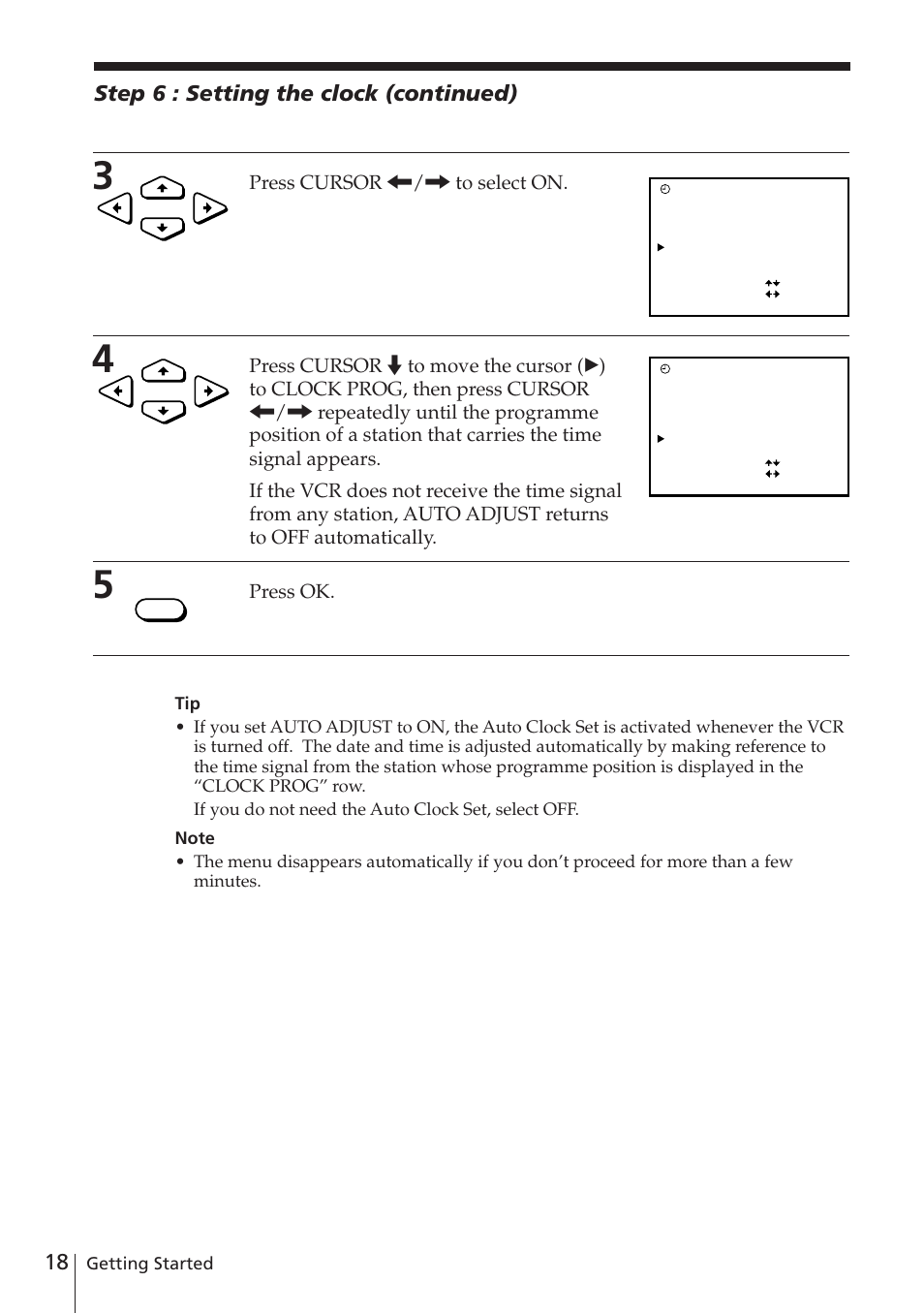 Step 6 : setting the clock (continued), Press cursor ?// to select on, Press ok | Getting started | Sony SLV-E580EG User Manual | Page 18 / 72