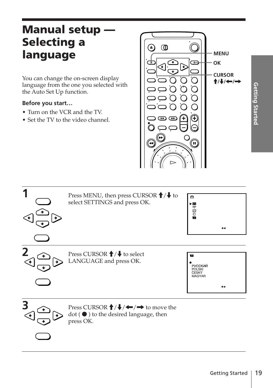 Manual setup — selecting a language | Sony SLV-E580EG User Manual | Page 19 / 72