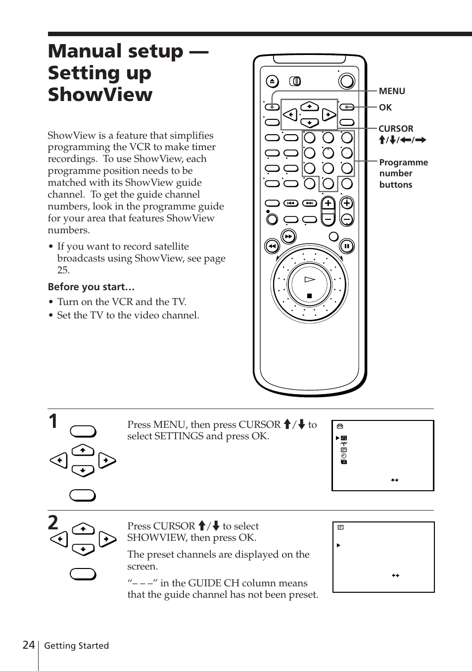 Manual setup — setting up showview | Sony SLV-E580EG User Manual | Page 24 / 72