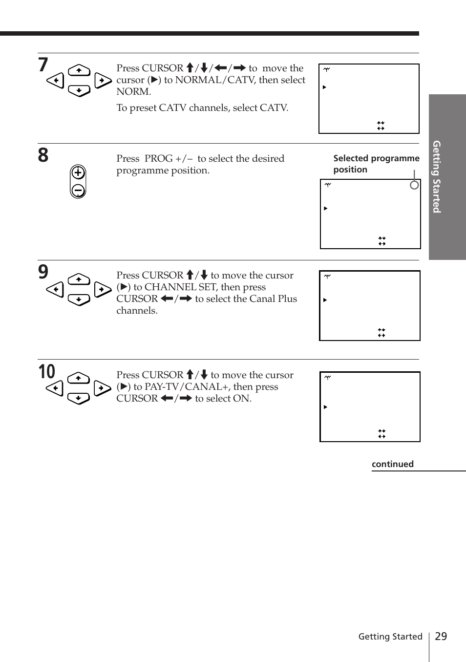 Getting started, Selected programme position, Continued | Sony SLV-E580EG User Manual | Page 29 / 72