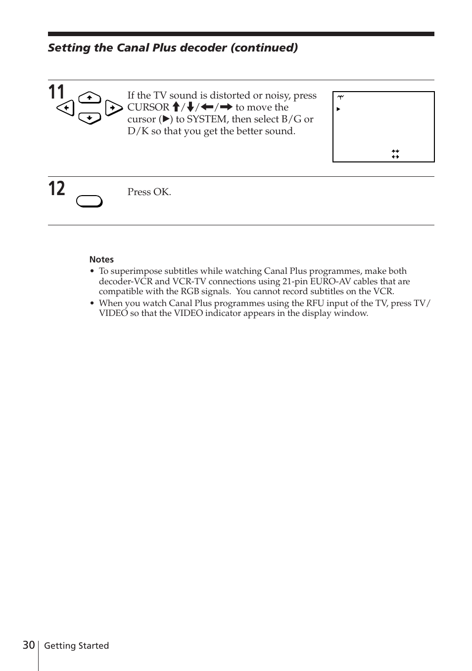 Setting the canal plus decoder (continued), Press ok | Sony SLV-E580EG User Manual | Page 30 / 72