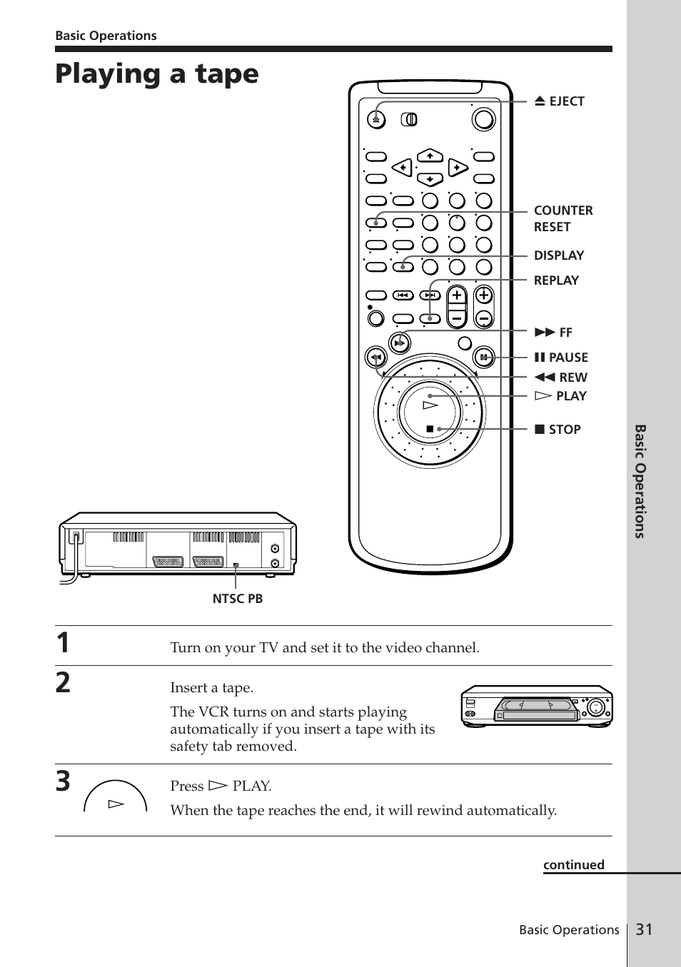 Playing a tape | Sony SLV-E580EG User Manual | Page 31 / 72