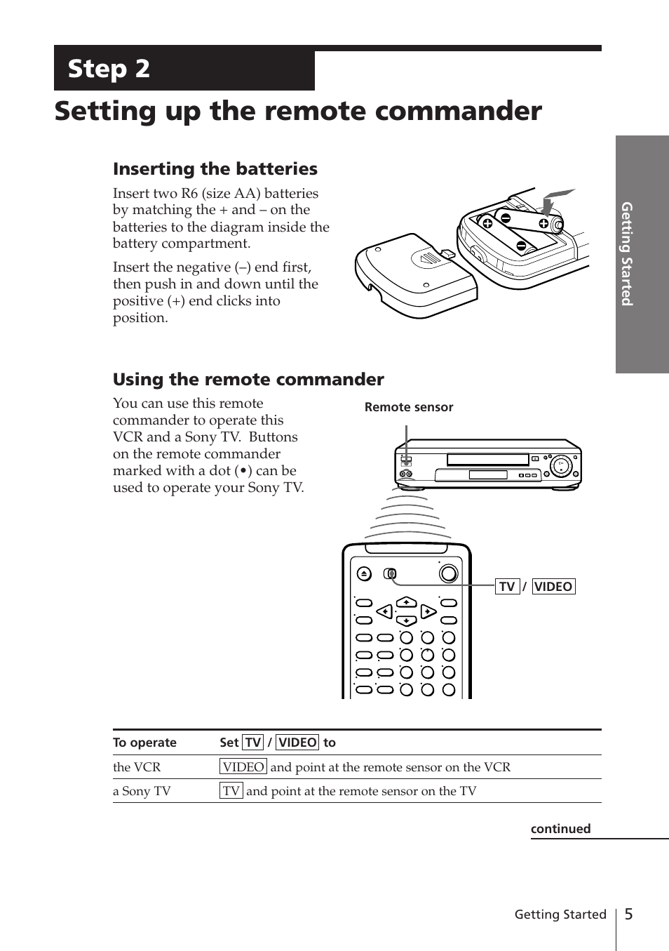 Setting up the remote commander, Step 2, Inserting the batteries | Using the remote commander | Sony SLV-E580EG User Manual | Page 5 / 72