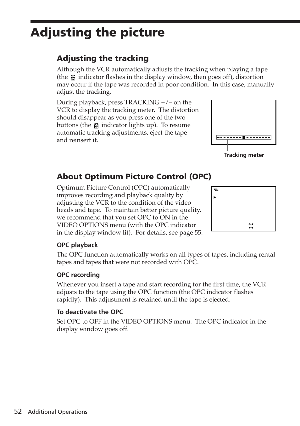 Adjusting the picture, Adjusting the tracking, About optimum picture control (opc) | Sony SLV-E580EG User Manual | Page 52 / 72